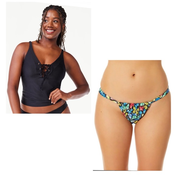 Other - NWT bikini Love & Sports Black Shimmer Lace-Up Tankini Top size XS Bottom Small